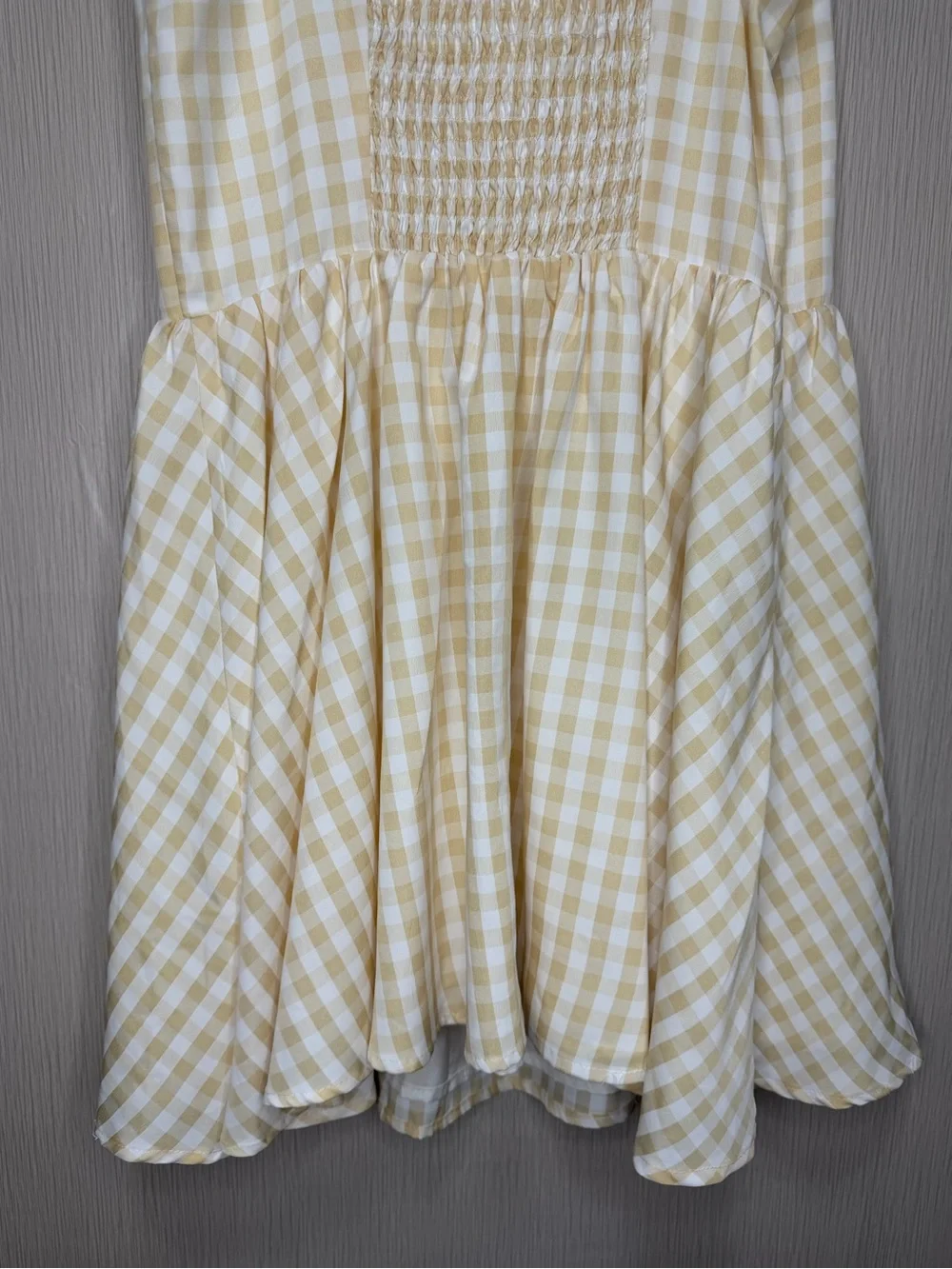 Yellow Gingham Mini Dress M Smocked Back Cottagecore Coquette Babydoll Summer